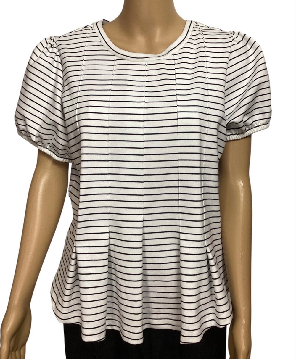Maeve by Anthropologie Striped Corset Peplum Top Size L Black White Short Sleeve
